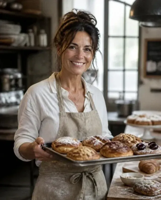 Elena, Gründerin von Dulce, mit einem Blech frischem Gebäck