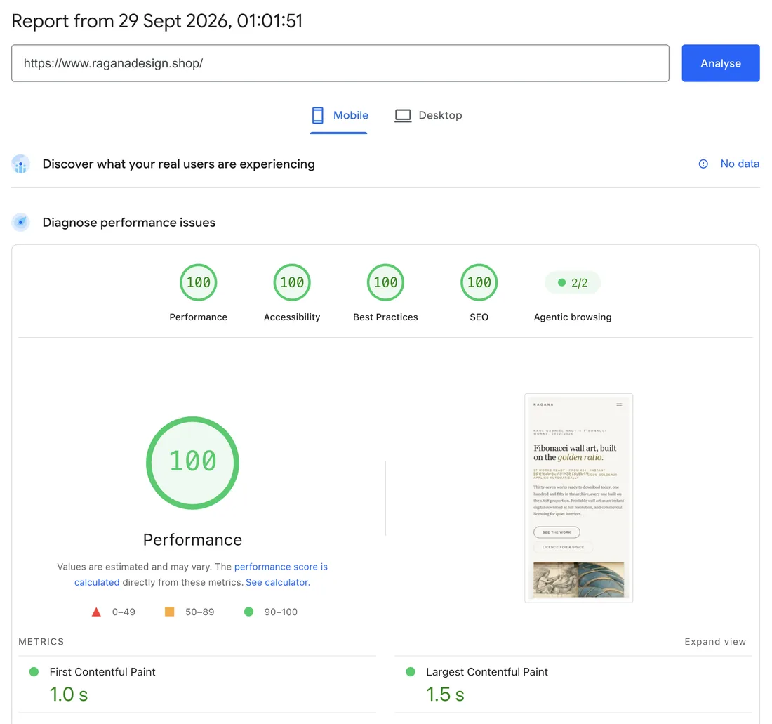 Google-PageSpeed-Insights-Bericht für raganadesign.shop: 100 Punkte für Leistung, Barrierefreiheit, Best Practices und SEO